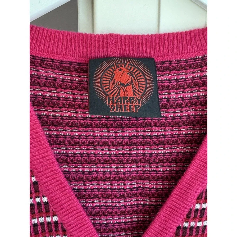 HAPPY SHEEP 100% Cashmere Cardigan Pink Striped V Neck Button Sweater S $398